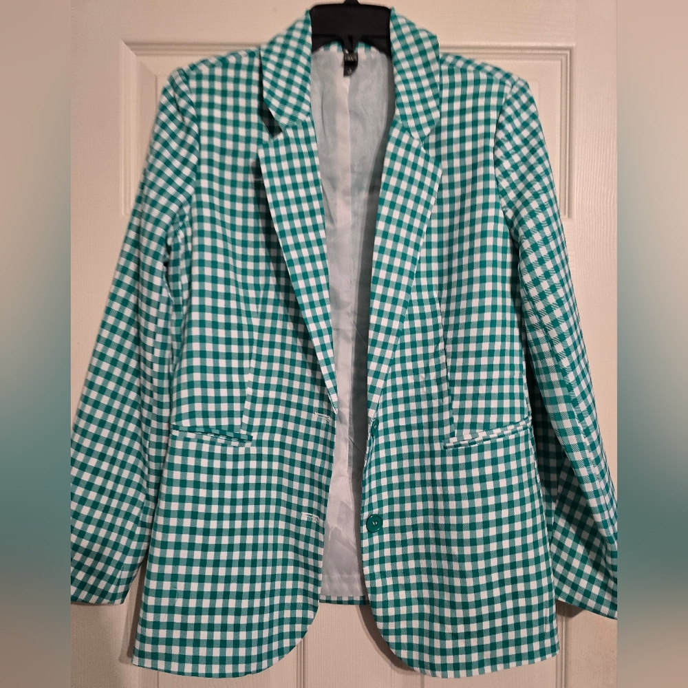 Green and White Checkered Blazer